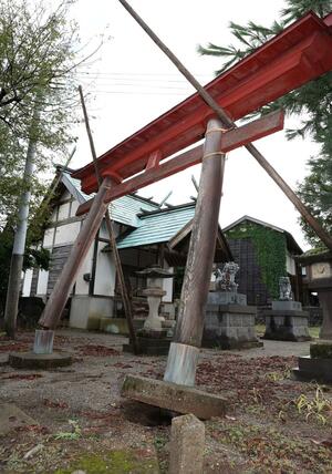 突風被害を受けて倒れた神社の鳥居=11日、上越市清里区