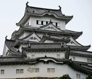 　しっくいが剥がれ落ちた姫路城の「ホの櫓」（下）の外壁＝４日午前９時１２分、兵庫県姫路市