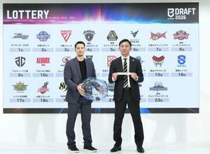 　昨年１２月に行われたバスケットボール「Ｂリーグ・プレミア」の第１回新人ドラフトの指名順抽選。右は島田慎二チェアマン＝東京都内