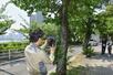 　倒木判定のため木を撮影する三井住友建設の社員＝５月、東京都中央区