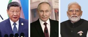 中国の習近平国家主席、ロシアのプーチン大統領(ゲッティ=共同)、インドのモディ首相