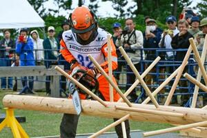 日本伐木チャンピオンシップのプロフェッショナルクラスで優勝した今井陽樹さん=19日、鳥取市