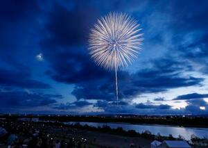 日本三大花火大会の一つとされる「長岡まつり大花火大会」が開幕し、戦後80年となる太平洋戦争の戦没者への慰霊を込め打ち上げられた「白菊」=2日夕、新潟県長岡市