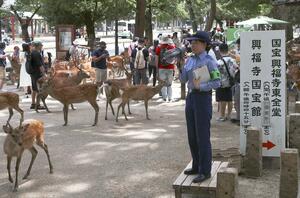 シカを蹴らないよう拡声器で呼びかける奈良県警の警察官=7月、奈良市