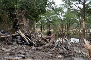 米テキサス州カー郡イングラムの川沿いに散乱した木やがれき=9日