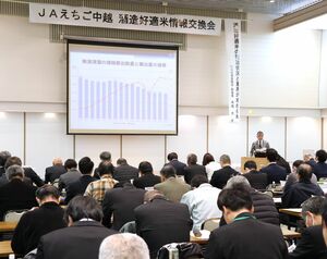 酒造メーカーや酒米生産者が集まった情報交換会=長岡市今朝白2