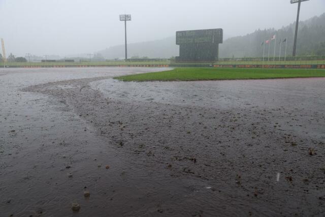 雨で水たまりができた三条パール金属スタジアム