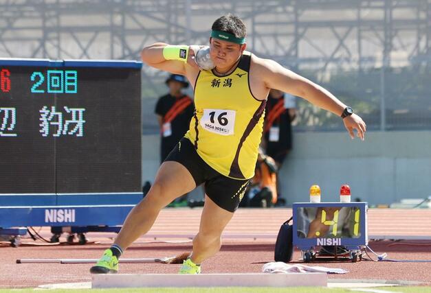 成年男子砲丸投げ決勝　記録１６ｍ８２で６位に入賞した渡辺豹冴（新潟医療福祉大）＝１０月１１日、佐賀県佐賀市　ＳＡＧＡスタジアム