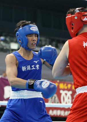 ボクシング・ミドル級１回戦　隙をうかがう新潟工の西澤眞（左）＝佐賀県ＳＡＧＡアリーナ