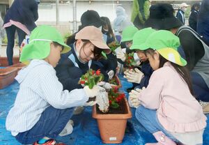 JR矢代田駅の前で協力してベゴニアを植える子どもたち=8日、新潟市秋葉区矢代田