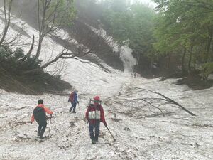 残雪が多い白鳥山への登山道=5月18日(栂海岳友会提供)