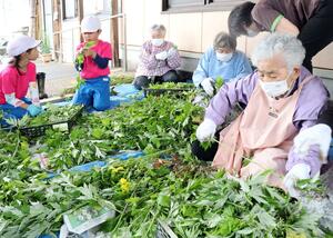 ヨモギの茎から葉を取る通所者ら=上越市板倉区