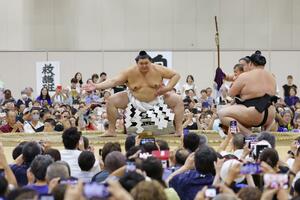 大相撲の夏巡業新潟場所で横綱土俵入りを披露する大の里関=23日、新潟市中央区
