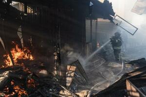 ロシア軍の攻撃で炎上した市場で消火に当たる消防士=21日、ウクライナ東部ドネツク州コンスタンチノフカ(ゲッティ=共同)