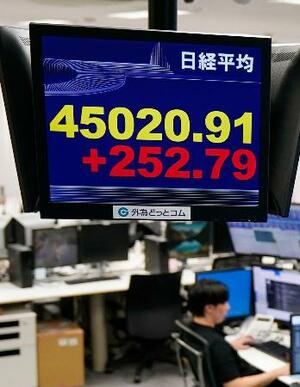 一時4万5000円を突破した日経平均株価を示すモニター=16日午後、東京都港区の外為どっとコム