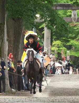 多くの市民らが参道から見守った流鏑馬神事=15日、長岡市西蔵王2