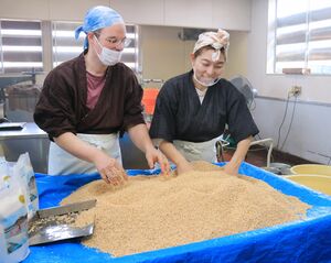 赤みそ造りを継承し、仕込みに励む平井優さん(右)とアンドレアさん=長岡市上樫出