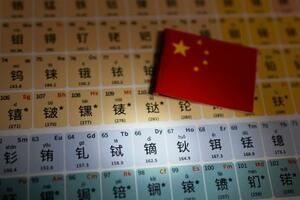 　レアアースなどが記載された中国語表記の元素周期表（共同）