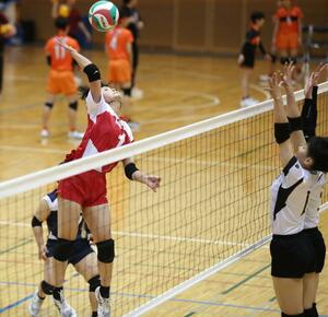女子決勝 第1セット、新発田商の伊藤萌がスパイクを放つ=新発田市カルチャーセンター