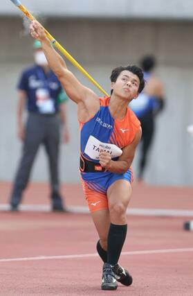 男子やり投決勝 開志国際高の玉井雄飛=デンカビッグスワン
