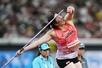 陸上世界選手権東京大会の女子やり投げ予選での北口榛花の2投目=9月19日、国立競技場