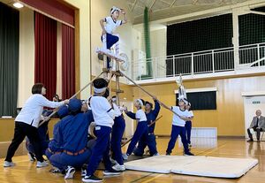 文化祭で「はしごのぼり」を披露する豊原小3年生=上越市板倉区
