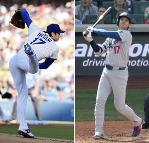 8月27日の先発登板で約2年ぶりに白星を挙げた米大リーグ、ドジャースの大谷翔平(左)。9月28日のレギュラーシーズン最終戦では、自己最多を更新する55号本塁打を放った(共同)