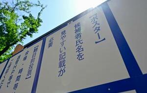 東京都議選と参院選に合わせて設置されたポスター掲示板。「候補者氏名を見やすい記載が必要」と記されている=19日午後、東京都新宿区