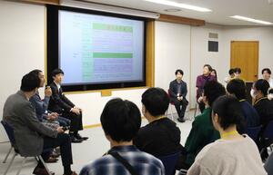 アグリテックの可能性について議論する企業関係者と学生=25日、新潟市中央区