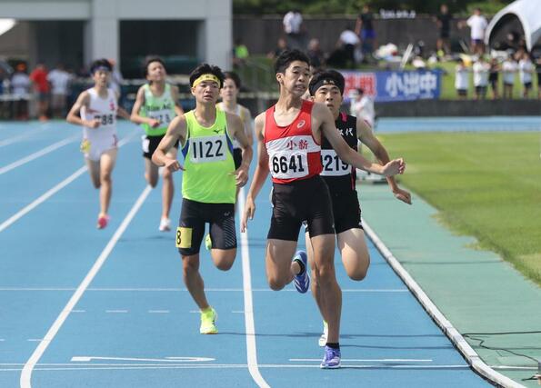 男子800メートル決勝、トップでゴールする渡邉孝哉(小新)=新発田市